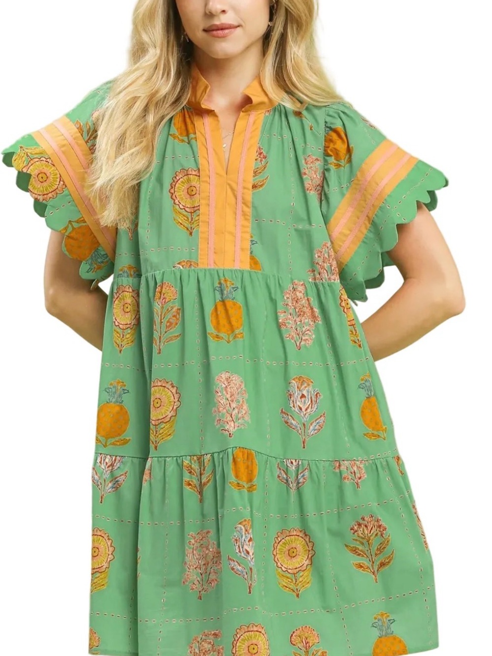 Umgee Jasmine Dress Green Floral Tiered Midi Dress with Scallop Sleeves